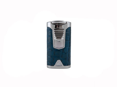 Rocky Patel Statesman Triple Flame Lighter - Brushed Nickel & Blue Leather