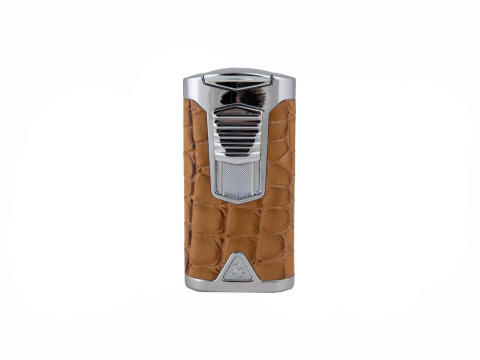 Rocky Patel Statesman Triple Flame Lighter - Brushed Nickel & Camel Leather