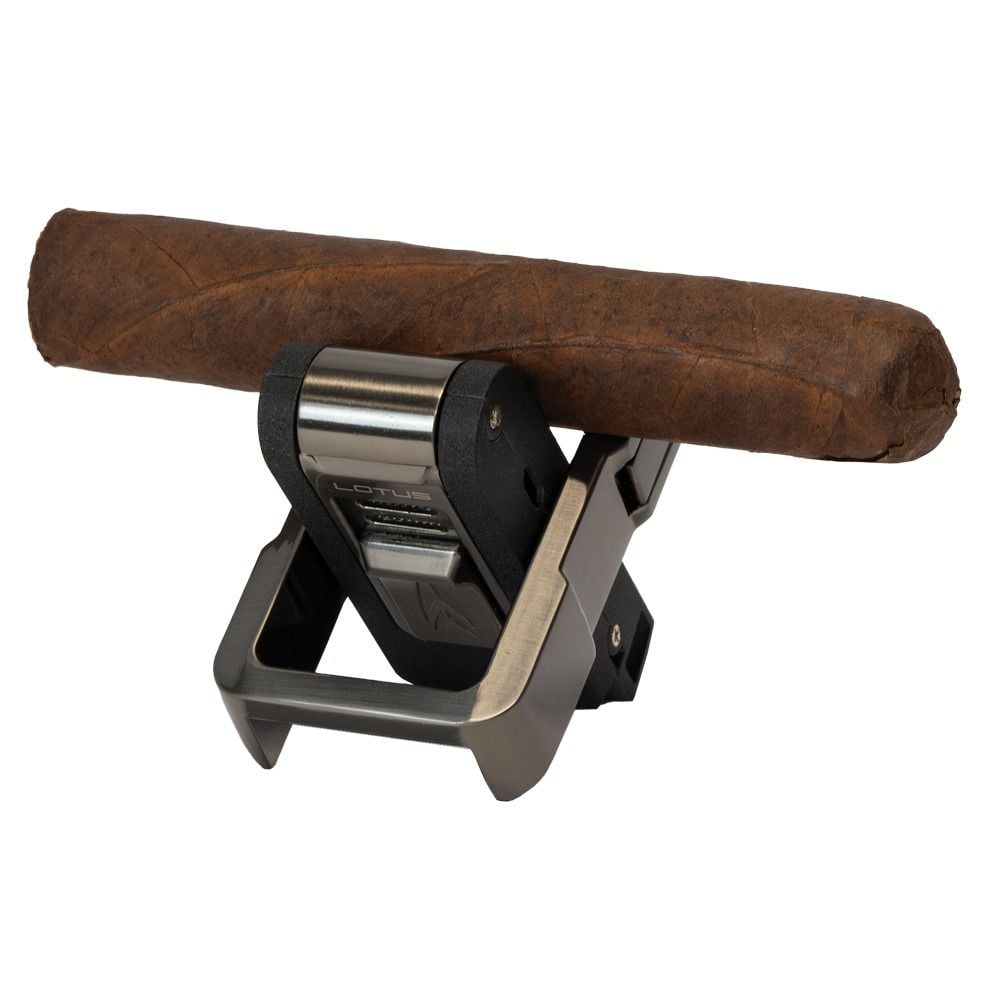 Lotus Axis Flat Flame Torch Lighter with Fold Out Cigar Stand - Blue And Gunmetal