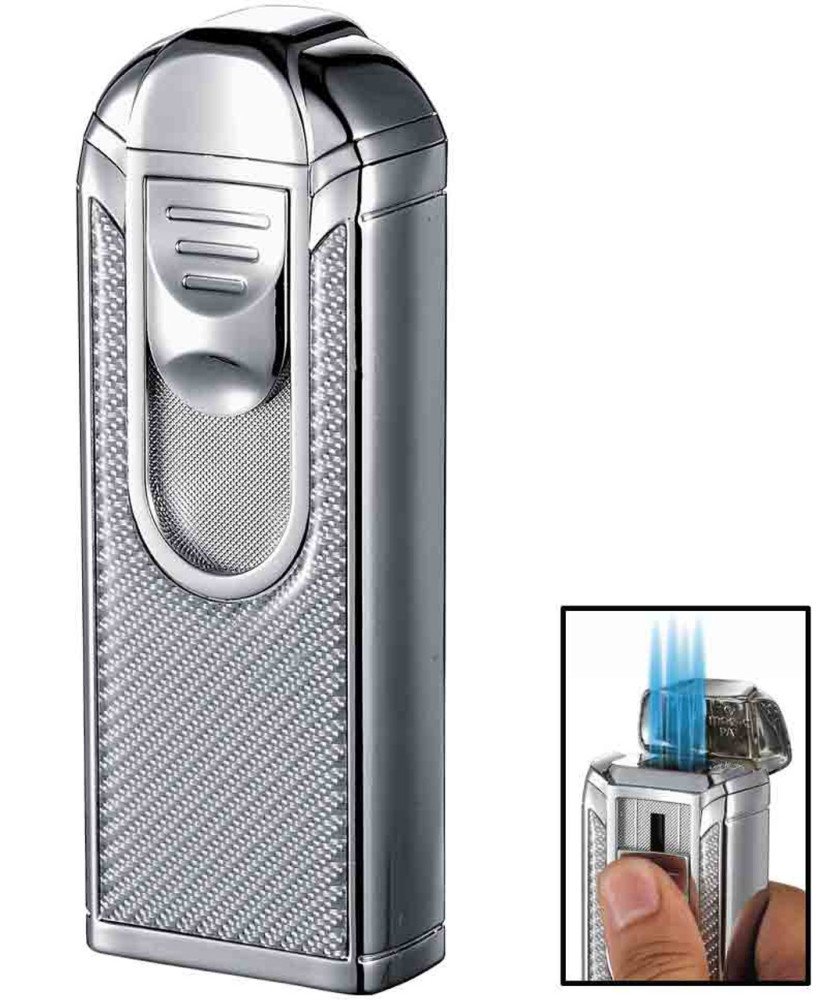 Alec IV Chrome and White Carbon Fiber Quad Torch Flame Table Lighter