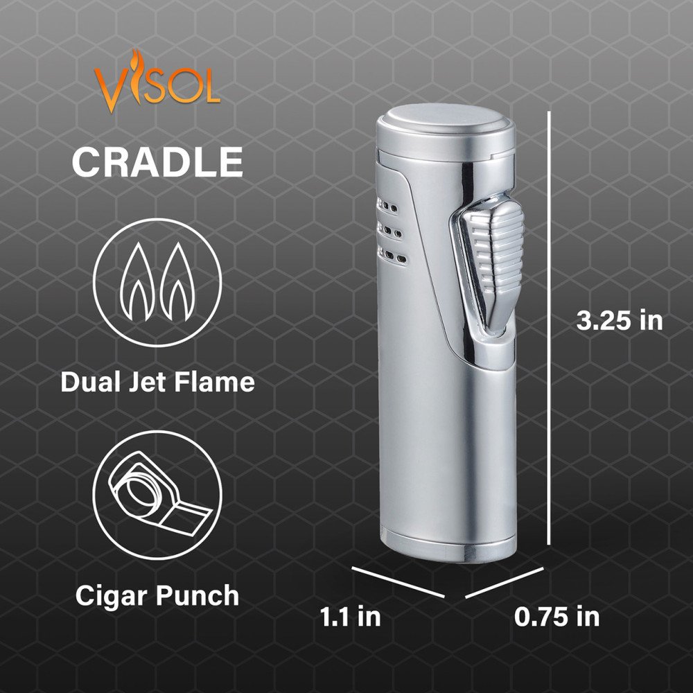 Cradle Double Jet Torch Flame Lighter with Cigar Punch - Silver