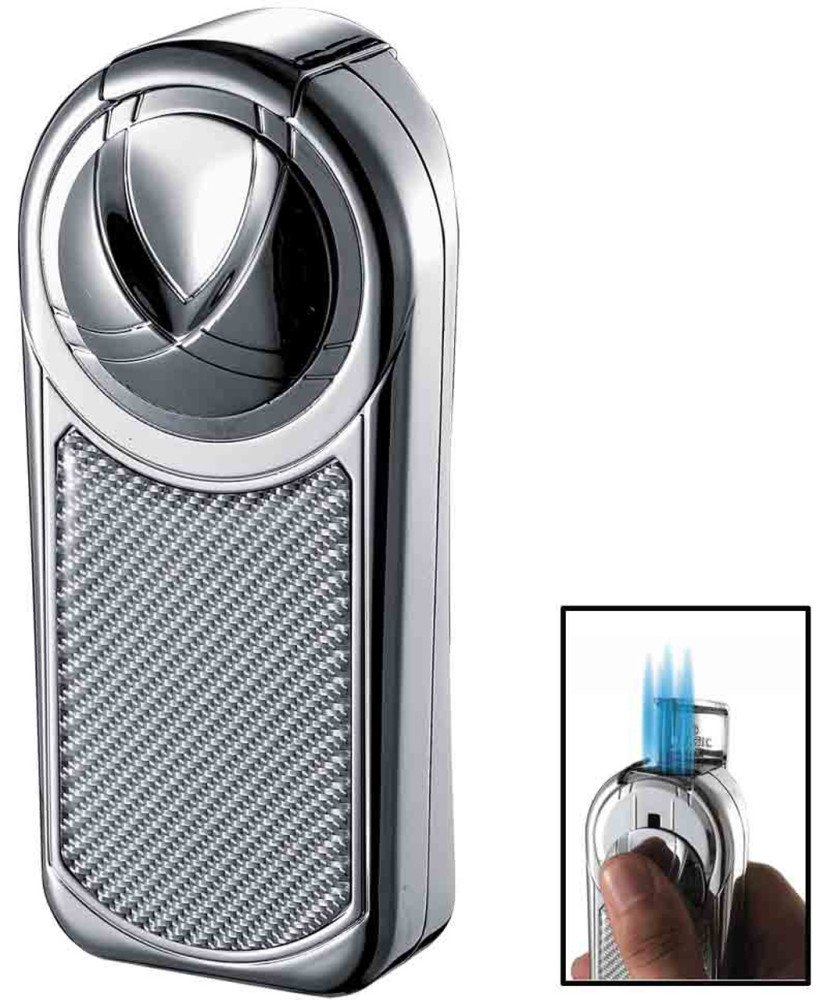 Dobrev V Chrome and White Carbon Fiber 5 Torch Flame Table Lighter